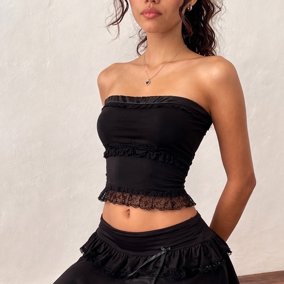 Poleci S European 100% silk Black tube strapless bandeau tank top with lace trim